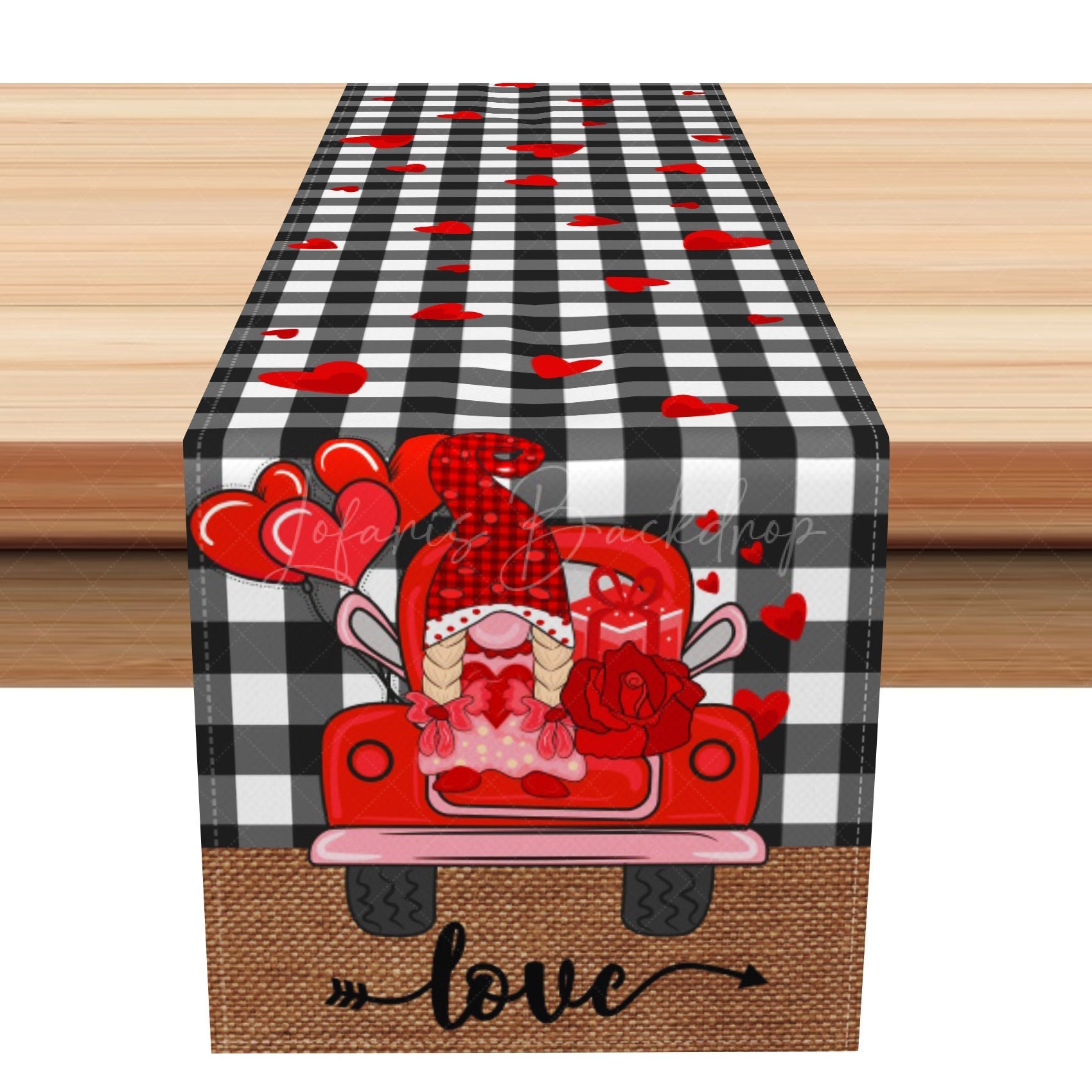 Lofaris Black White Plaid Truck Valentines Day Table Runner