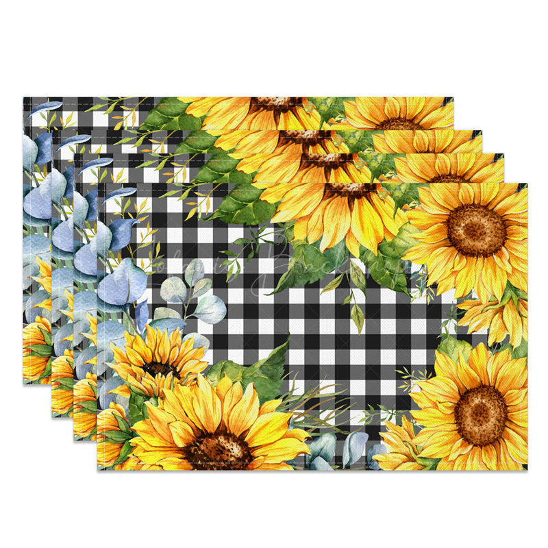 Lofaris Black White Plaid Yellow Sunflower Set Of 4 Placemats