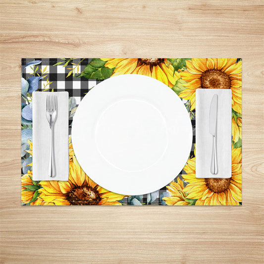 Lofaris Black White Plaid Yellow Sunflower Set Of 4 Placemats