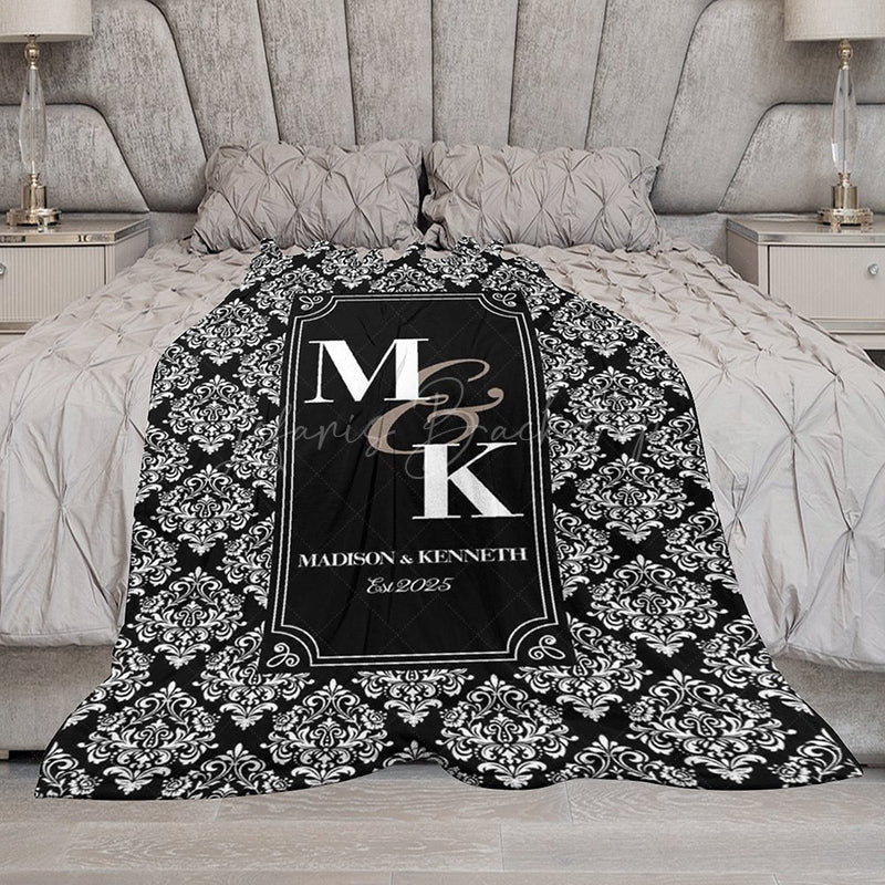 Lofaris Black White Retro Pattern Custom Couple Name Blanket