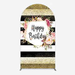 Lofaris Black White Stripe Birthday Arch Backdrop Pink Floral Gold Glitter Party Decoration Geometric Chic Background