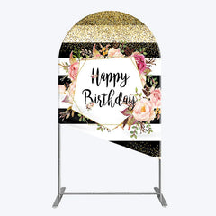 Lofaris Black White Stripe Birthday Arch Backdrop Pink Floral Gold Glitter Party Decoration Geometric Chic Background