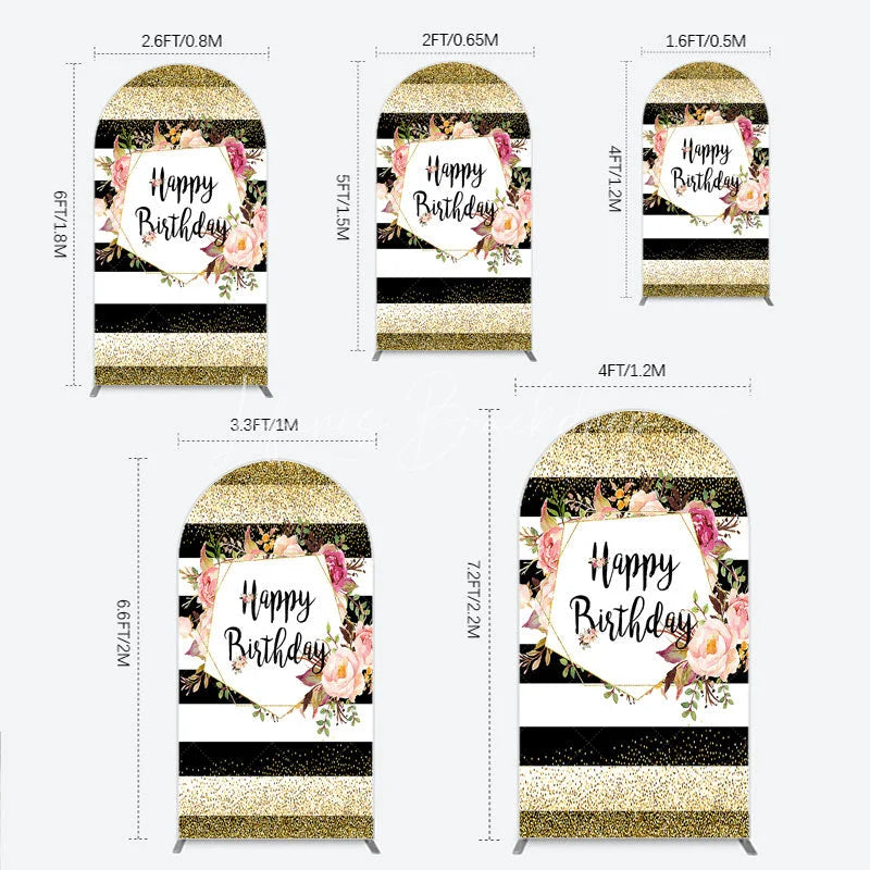 Lofaris Black White Stripe Birthday Arch Backdrop Pink Floral Gold Glitter Party Decoration Geometric Chic Background