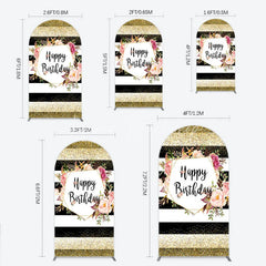 Lofaris Black White Stripe Birthday Arch Backdrop Pink Floral Gold Glitter Party Decoration Geometric Chic Background