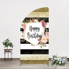 Lofaris Black White Stripe Birthday Half Moon Arch Backdrop Pink Floral Gold Glitter Party Decoration Geometric Chic Background