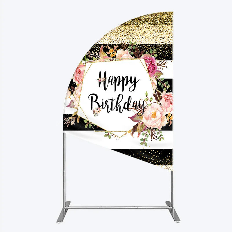 Lofaris Black White Stripe Birthday Half Moon Arch Backdrop Pink Floral Gold Glitter Party Decoration Geometric Chic Background