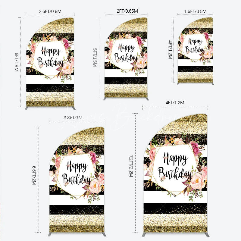 Lofaris Black White Stripe Birthday Half Moon Arch Backdrop Pink Floral Gold Glitter Party Decoration Geometric Chic Background