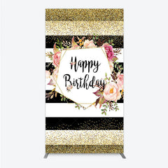 Lofaris Black White Stripe Birthday Rectangle Backdrop Pink Floral Gold Glitter Party Decoration Geometric Chic Background