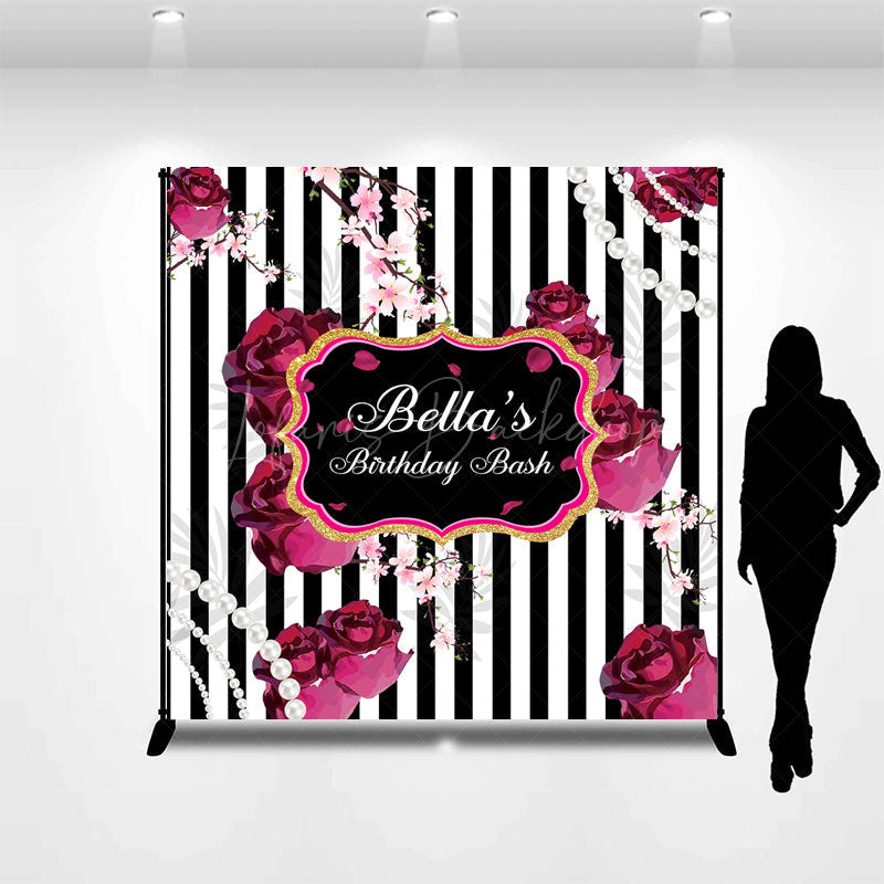 Lofaris Black White Stripe Floral Custom Birthday Backdrop