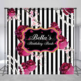 Lofaris Black White Stripe Floral Custom Birthday Backdrop