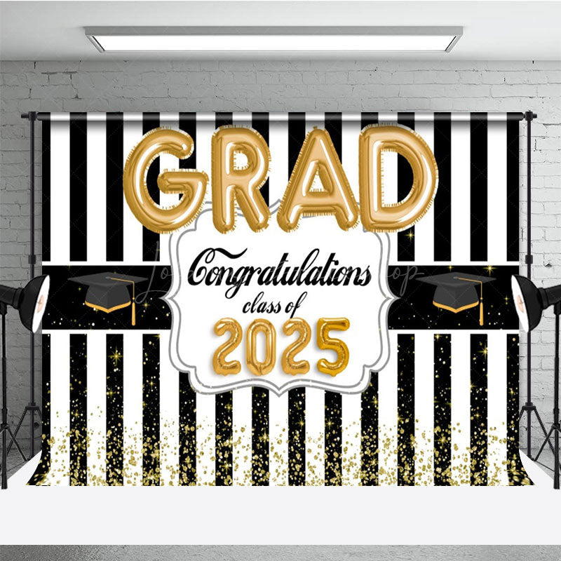 Lofaris Black White Stripe Gold Balloon Congrats Grad Backdrop