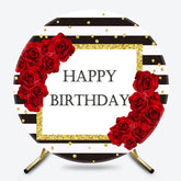 Lofaris Black White Stripe Rose Round Happy Birthday Backdrop