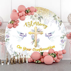 Lofaris Blessing On Your Confirmation Round Backdrop Gold Cross and Doves for Baptism or First Holy Communion Party