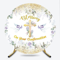 Lofaris Blessing On Your Confirmation Round Backdrop Gold Cross and Doves for Baptism or First Holy Communion Party