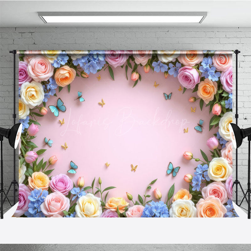 Lofaris Blossom Rose Flower Butterfly Pink Wall Photo Backdrop