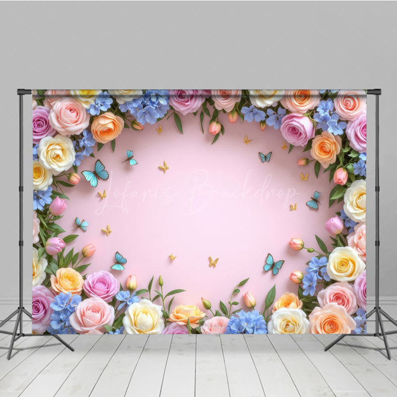 Lofaris Blossom Rose Flower Butterfly Pink Wall Photo Backdrop