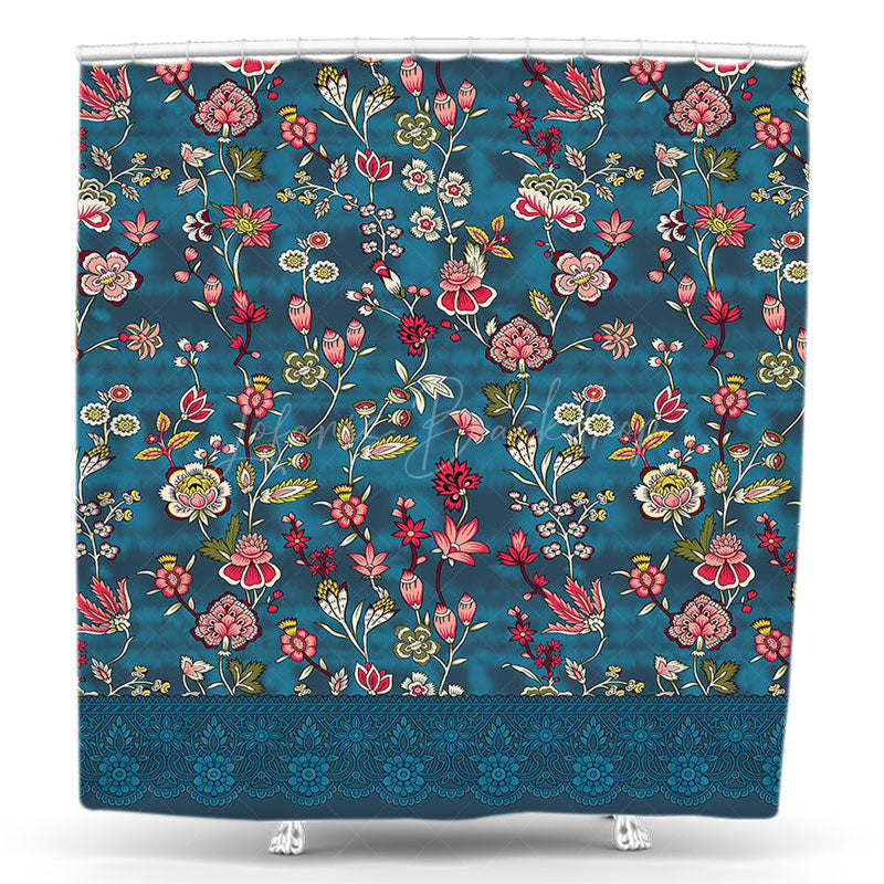 Lofaris Blue Abstract Pattern Pink Floral Shower Curtain
