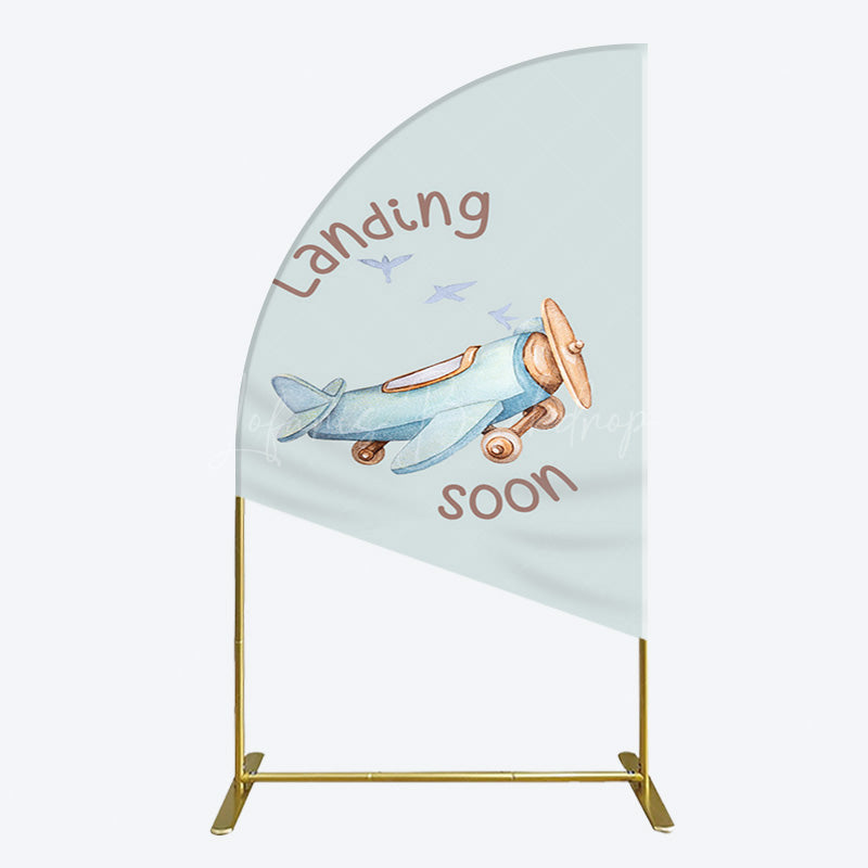 Lofaris Blue Airplane Landing Soon Baby Shower Half Moon Arch Backdrop