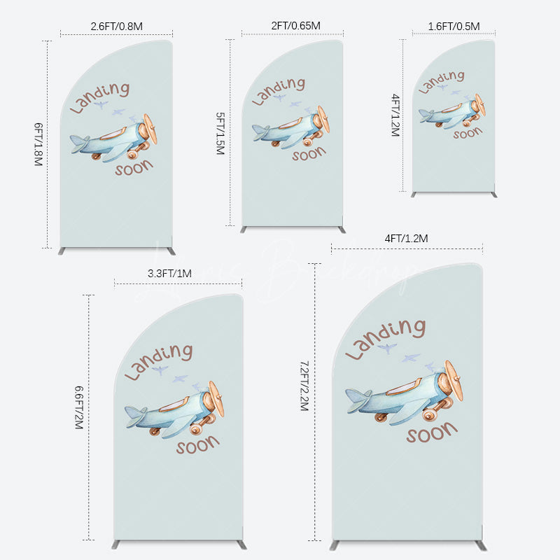 Lofaris Blue Airplane Landing Soon Baby Shower Half Moon Arch Backdrop