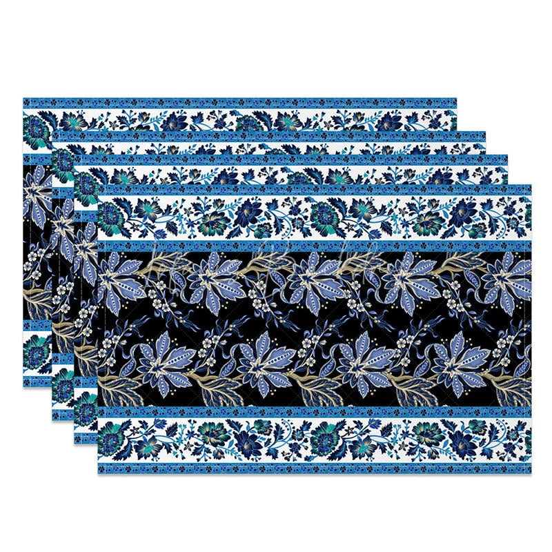 Lofaris Blue and Black Floral Stripe Set of 4 Placemats Vintage Flower Pattern Elegant Dining Table Mats