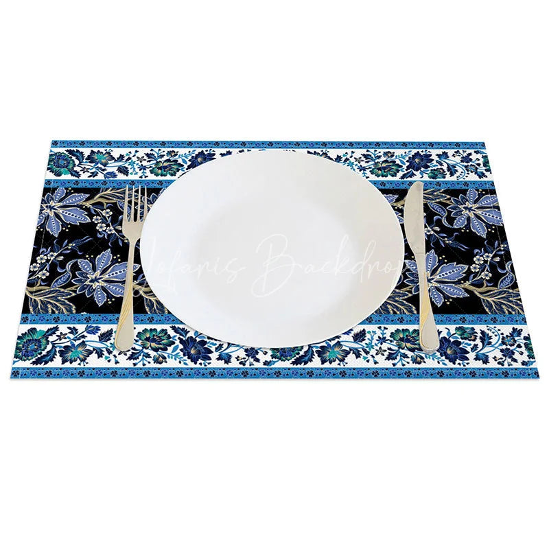 Lofaris Blue and Black Floral Stripe Set of 4 Placemats Vintage Flower Pattern Elegant Dining Table Mats