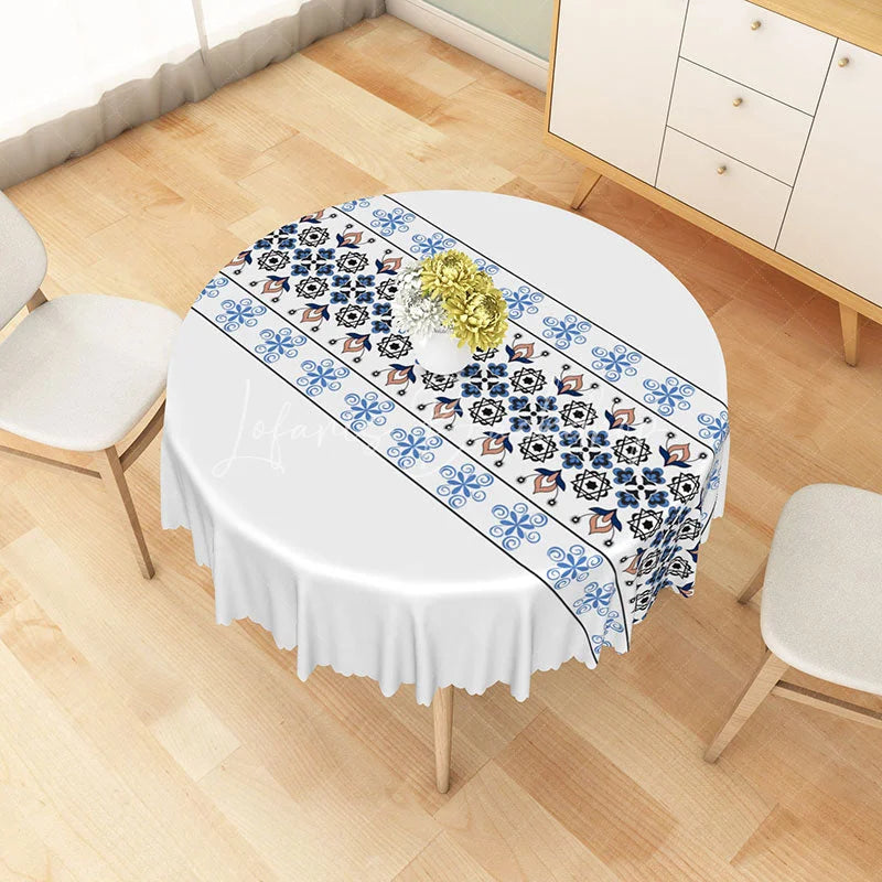 Lofaris Blue and Black Geometric Floral Runner Round Tablecloth Elegant Bohemian Style Table Cover