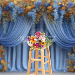 Lofaris Blue and Gold Floral Backdrop Wedding Stage Curtains with Orange Roses Elegant Party Photography Background