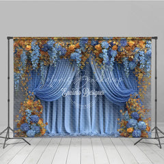 Lofaris Blue and Gold Floral Backdrop Wedding Stage Curtains with Orange Roses Elegant Party Photography Background