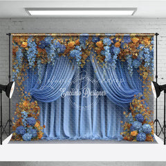 Lofaris Blue and Gold Floral Backdrop Wedding Stage Curtains with Orange Roses Elegant Party Photography Background