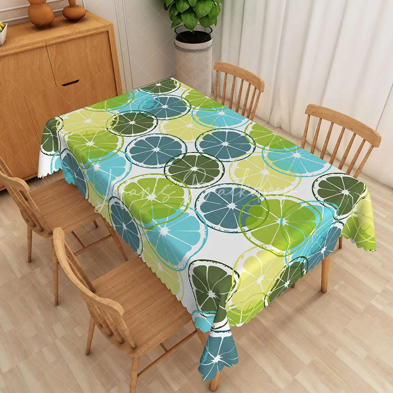 Lofaris Blue and Green Citrus Rectangle Tablecloth Summer Lemon Lime Fruit Table Cover Fresh Kitchen Home Decor