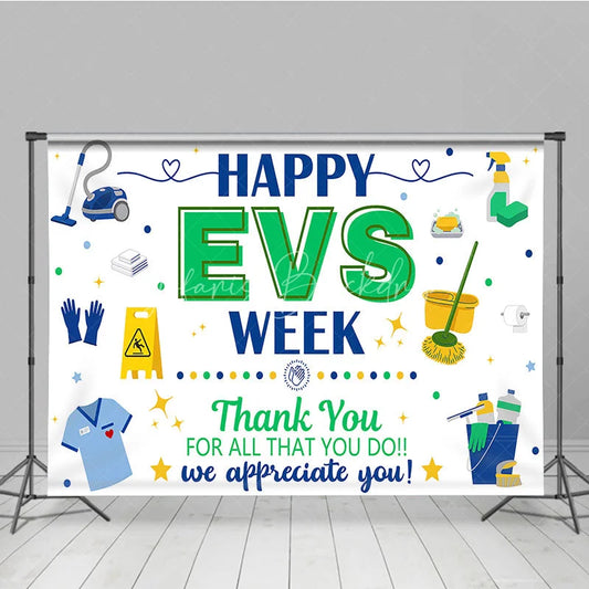 Lofaris Blue and Green Happy EVS Week Appreciation Holiday Backdrop featuring Cleaning Supplies a Thank You Message