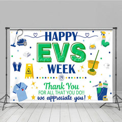 Lofaris Blue and Green Happy EVS Week Appreciation Holiday Backdrop featuring Cleaning Supplies a Thank You Message