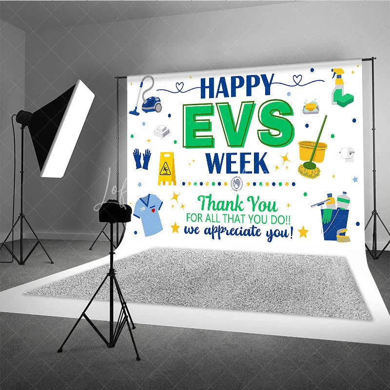 Lofaris Blue and Green Happy EVS Week Appreciation Holiday Backdrop featuring Cleaning Supplies a Thank You Message