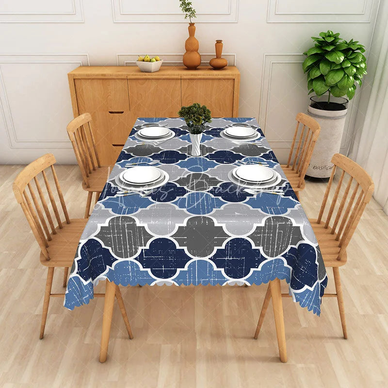 Lofaris Blue and Grey Geometric Moroccan Trellis Rectangle Tablecloth with Scalloped Edge Modern Dining Decor