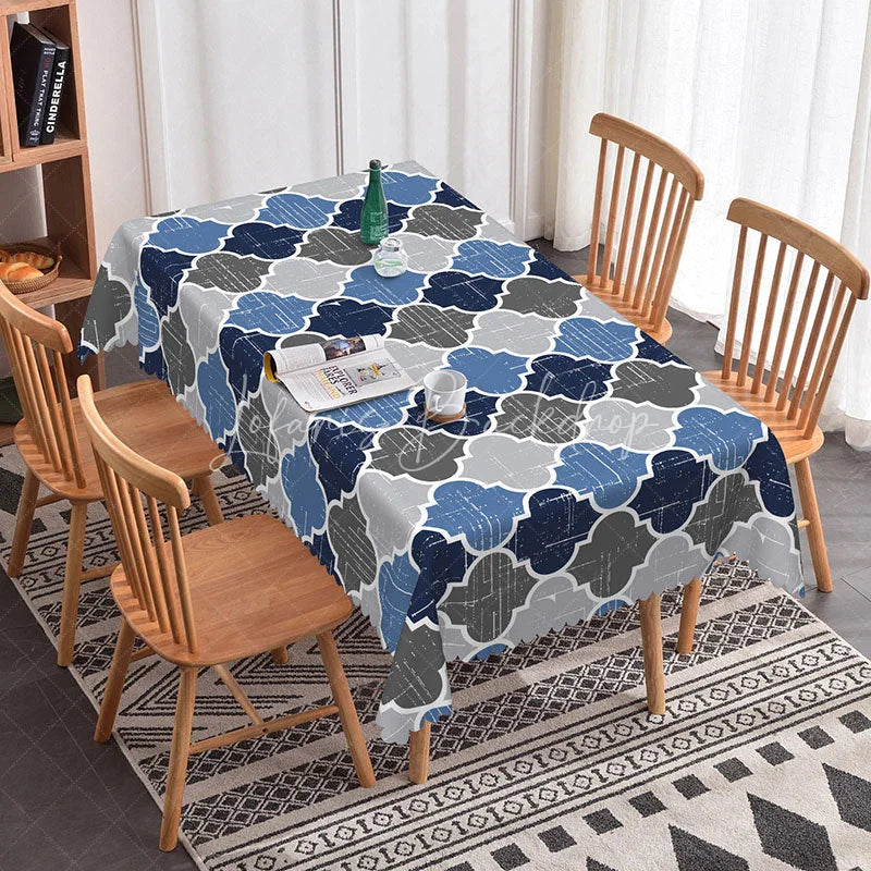 Lofaris Blue and Grey Geometric Moroccan Trellis Rectangle Tablecloth with Scalloped Edge Modern Dining Decor