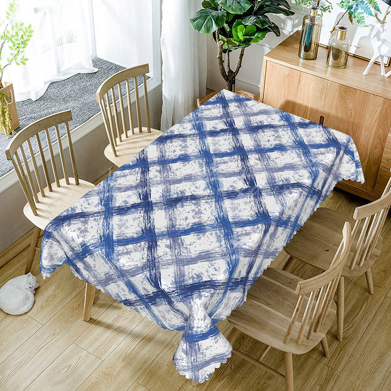 Lofaris Blue and Grey Graffiti Grid Rectangle Tablecloth for Abstract Modern Urban Art Dining Decor