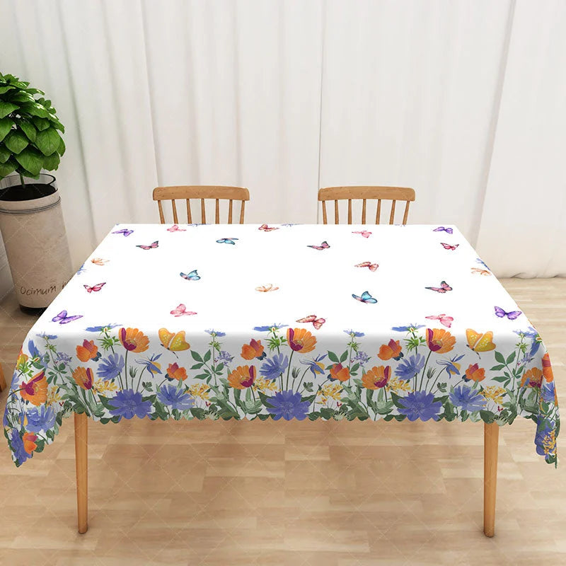 Lofaris Blue and Orange Floral Rectangle Tablecloth Spring Butterfly Garden Table Cover Vibrant Dining Room Decor