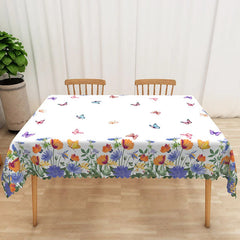 Lofaris Blue and Orange Floral Rectangle Tablecloth Spring Butterfly Garden Table Cover Vibrant Dining Room Decor