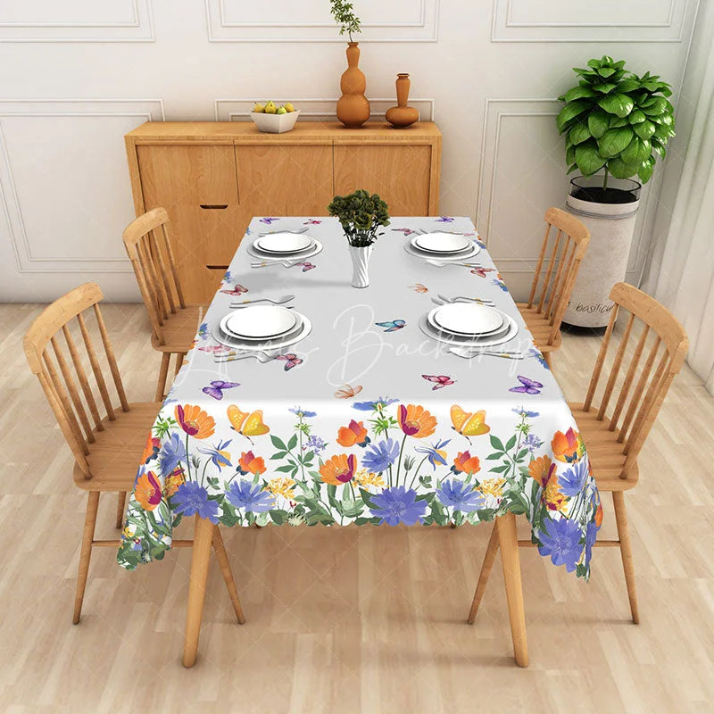 Lofaris Blue and Orange Floral Rectangle Tablecloth Spring Butterfly Garden Table Cover Vibrant Dining Room Decor