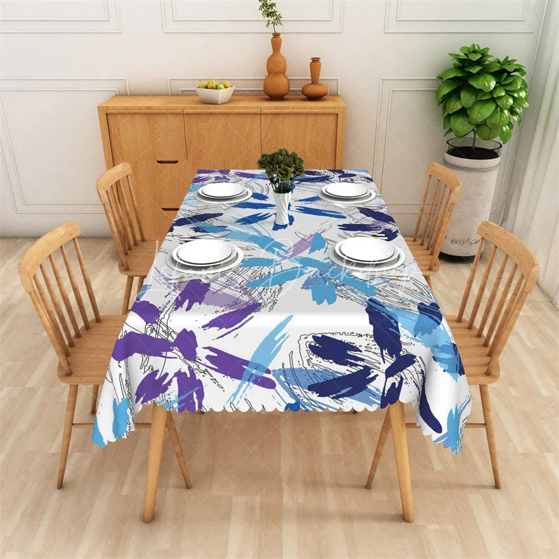 Lofaris Blue and Purple Abstract Floral Rectangle Tablecloth Artistic Brush Stroke Party Decor