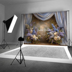 Lofaris Blue and Purple Floral Photography Backdrop with Drapes Hydrangea Lilac Elegant Maternity or Wedding