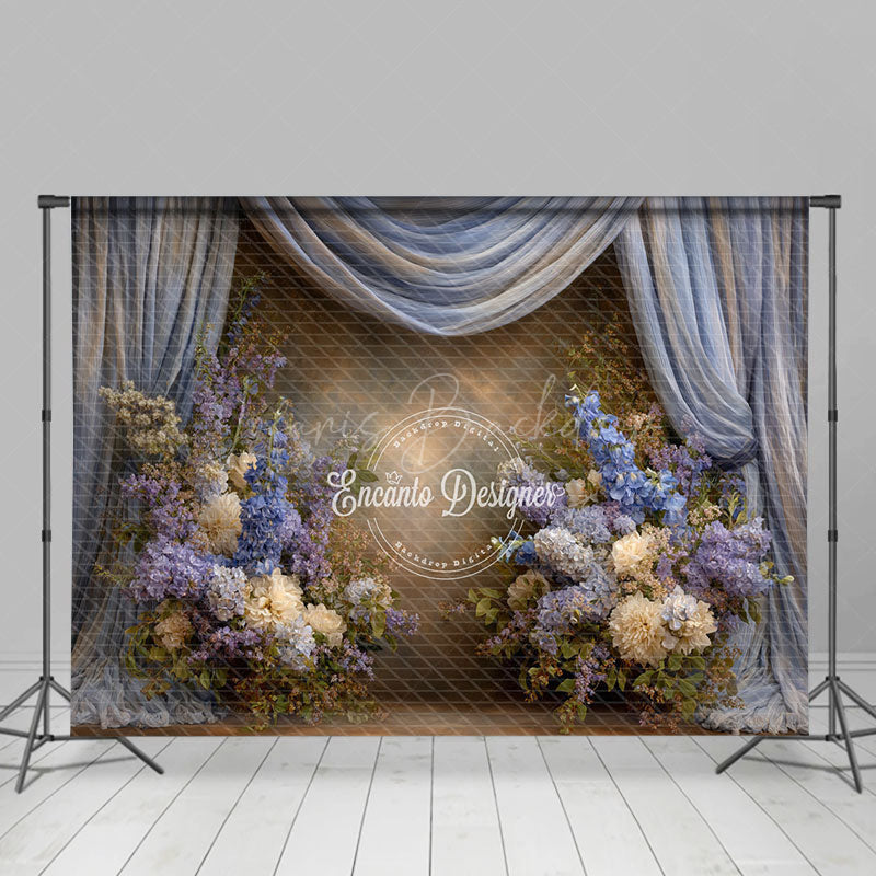 Lofaris Blue and Purple Floral Photography Backdrop with Drapes Hydrangea Lilac Elegant Maternity or Wedding
