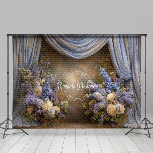 Lofaris Blue and Purple Floral Photography Backdrop with Drapes Hydrangea Lilac Elegant Maternity or Wedding