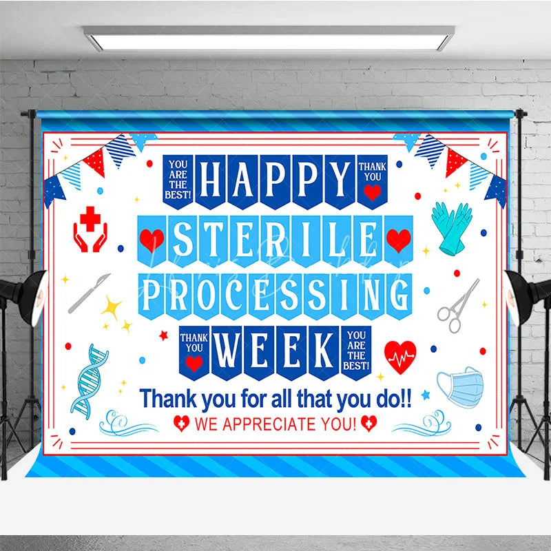 Lofaris Blue and Red Happy Sterile Processing Week Holiday Backdrop Medical Healthcare Appreciation Event Decor