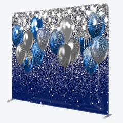 Lofaris Blue and Silver Balloons Square Tension Backdrop Glitter Birthday or Graduation Party Elegant Celebration Decor