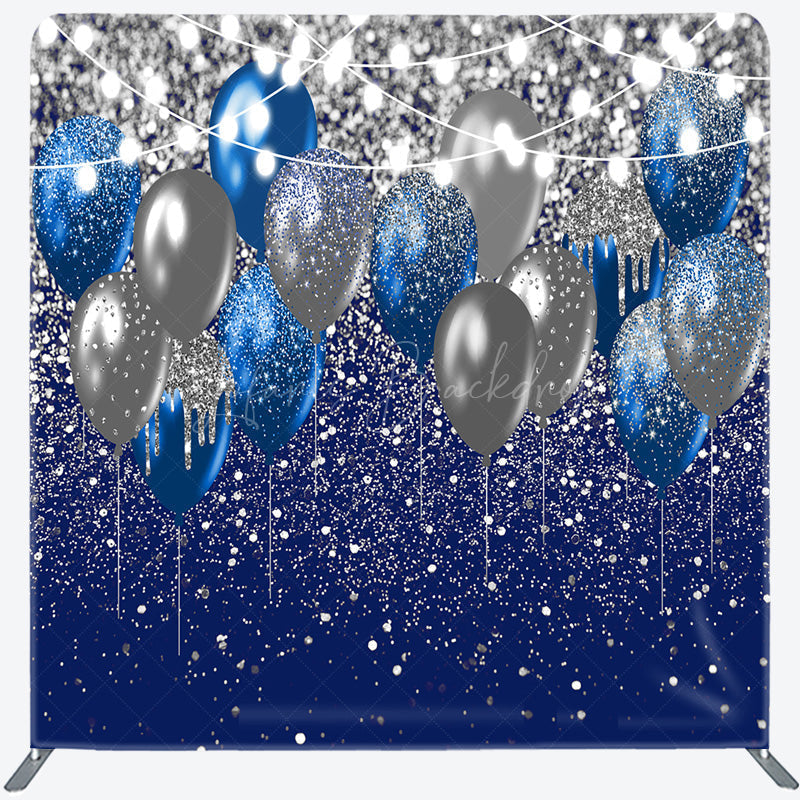 Lofaris Blue and Silver Balloons Square Tension Backdrop Glitter Birthday or Graduation Party Elegant Celebration Decor
