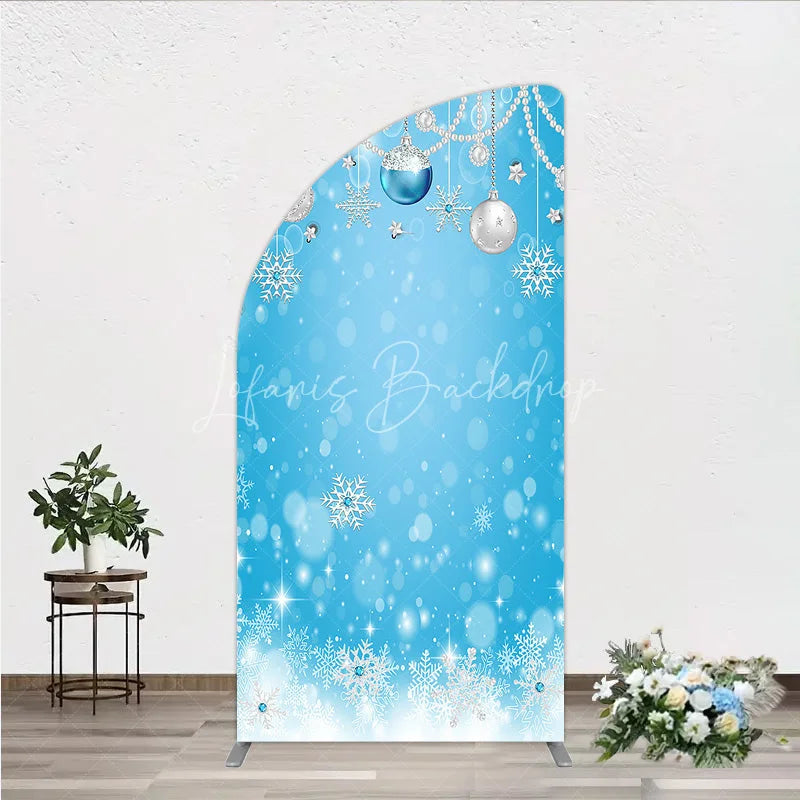 Lofaris Blue and Silver Glitter Half Moon Arch Backdrop Sparkling Snowflakes Ornaments for Winter Holiday Celebration