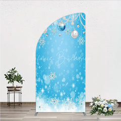 Lofaris Blue and Silver Glitter Half Moon Arch Backdrop Sparkling Snowflakes Ornaments for Winter Holiday Celebration