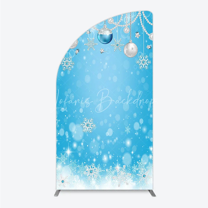 Lofaris Blue and Silver Glitter Half Moon Arch Backdrop Sparkling Snowflakes Ornaments for Winter Holiday Celebration