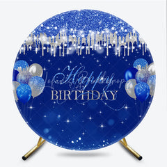 Lofaris Blue and Silver Happy Birthday Round Backdrop Balloon Glitter Drip Party